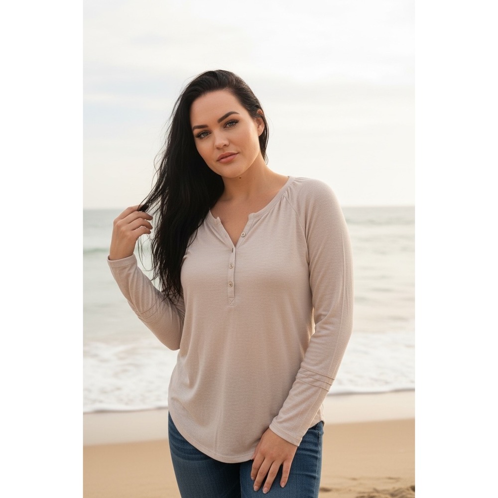 Calypso St Barth Womens Oatmeal Beige 100% Linen Henley Long Sleeve Top Size M